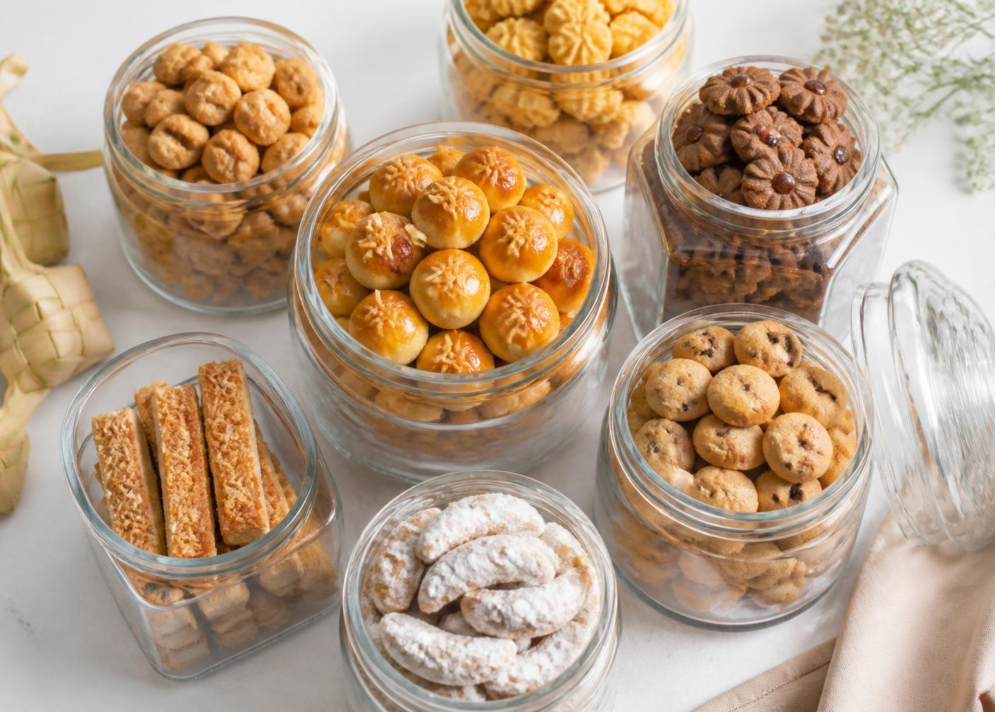 Aneka kue kering Lebaran Q'Yen Kuker dalam toples kaca